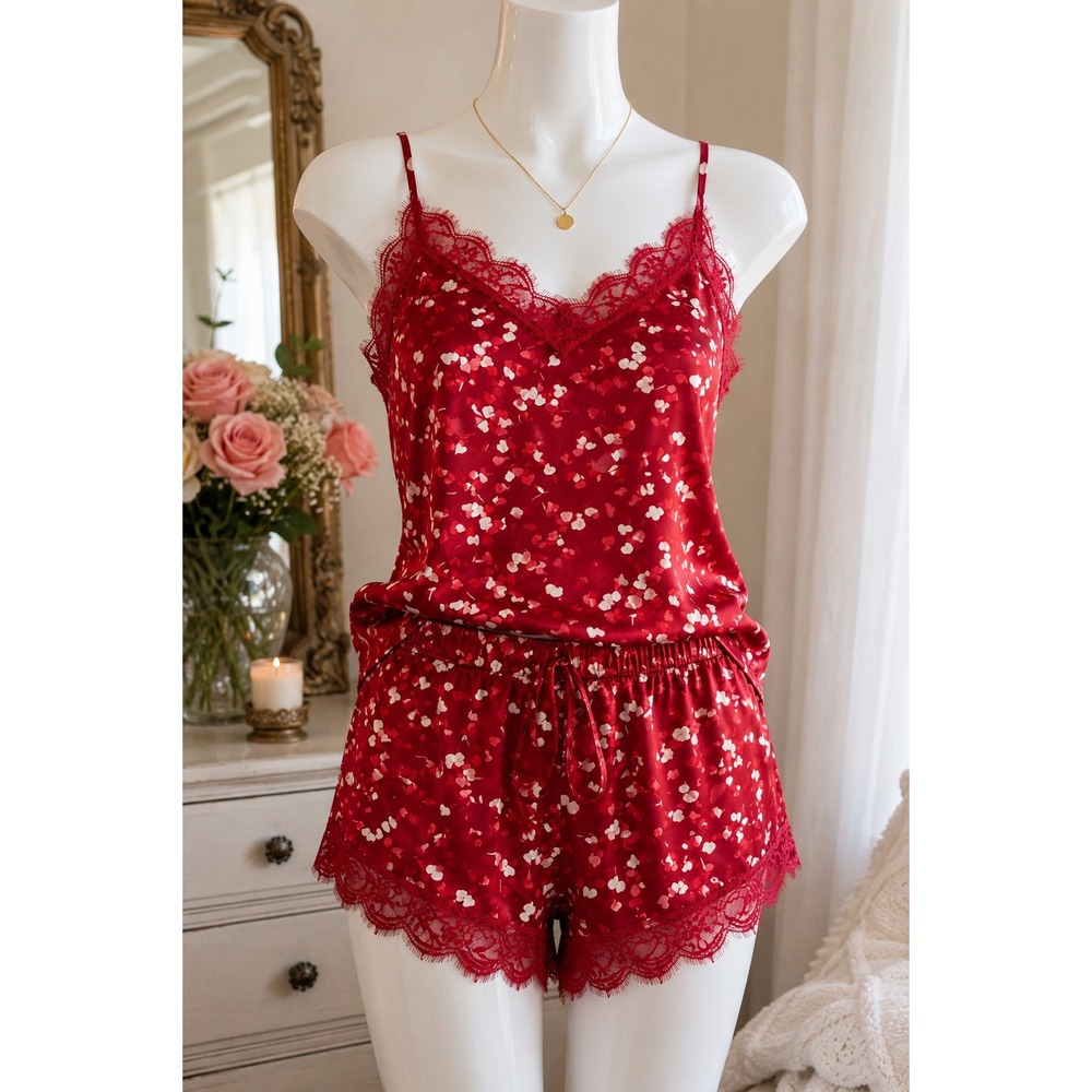 Red Heart Print Satin Lace Pajama Set Cami Shorts Romantic Coquette Chic Sz S